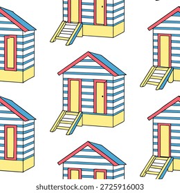 Cabanas de playa de verano sin patrón de azulejos con tonos frescos y vibrante concepto de encanto junto a la playa como vibrantes cabanas de playa de verano con tonos frescos y encanto junto a la playa crean un patrón de azulejos sin costuras para una vibración refrescante en Foto de archivo Concepto y espacio vacío en el lado izquierdo, sin texto --ar 7:2 --tile