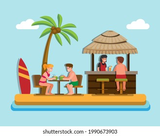 Summer beach cafe illustration in flat cartoon vector