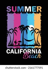 Summer beach California vector trendy design for t shirt, summer beach background, summer beach poster with palm trees silhouettes, typography, print, vector illustration