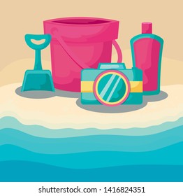 summer beach with camera and set icons