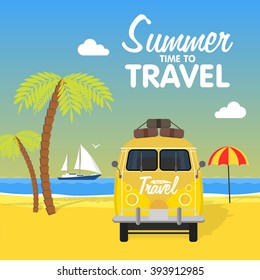 Summer beach camping island landscape with surfing bus, sea view, sand and sun. Travel omnibus family summertime holidays. Vacation poster concept.