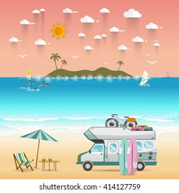 Summer beach camping island landscape with caravan camper, sea view,  Family travel  campsite scene in flat style. Vacation postcard concept. 
