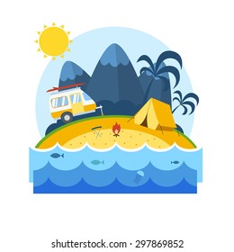 Summer beach camping landscape with caravan, tent, palms and fireplace. Tropical island vacation postcard. Summertime coast place concept