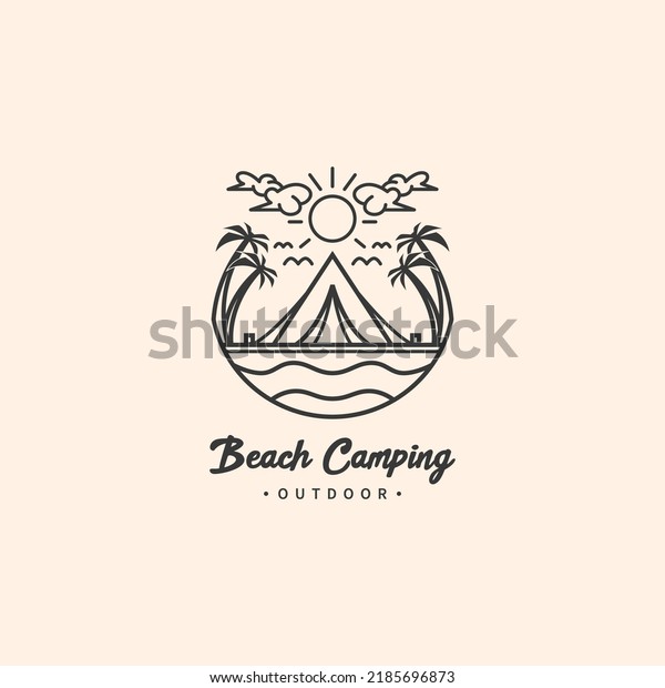 Summer beach camping recreation logo design with
line art monoline style