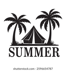 Summer beach camping vector silhouette, palm tree vector, palm silhouette.