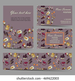 Summer beach card set for different invitations, voucher, coupon code, promotional flyers and business cards. Pattern is masked and added to swatches panel.