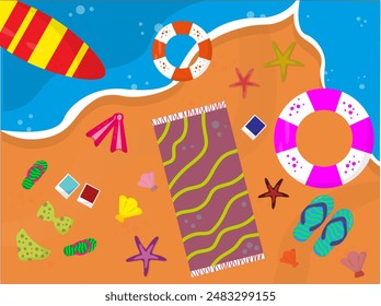 summer at the beach. cartoon beach equipment. The landscape design is colorful and fun. summer templates and wallpapers
