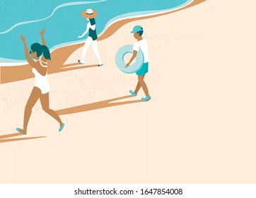 Summer beach cartoon flat vector illustration with  happy young people running to the sea vacation concept 