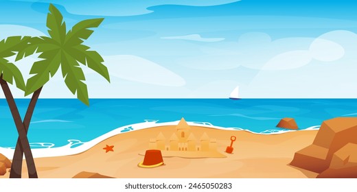 Summer beach cartoon landscape. Paradise nature vacation, ocean or sea seashore. Seaside landscape, tropical beach relax or seaside landscape.