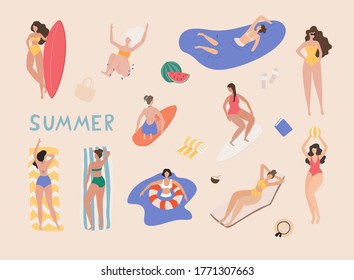 Summer beach cartoon people. Women performing summer outdoor activities at the beach.