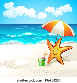 Summer Beach With Cartoon Starfish And Umbrella