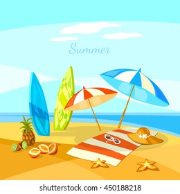 Summer beach cartoon towel umbrella starfish surf boards vector Illustration 