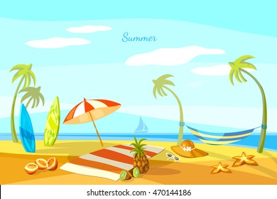 Summer beach cartoon towel umbrella starfish surf boards vector Illustration 