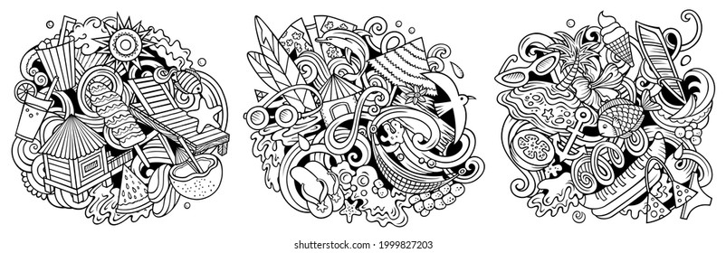 Summer beach cartoon vector doodle designs set. Sketchy detailed compositions with lot of summertime objects and symbols. Isolated on white illustrations