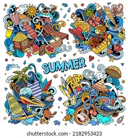 Summer beach cartoon vector doodle designs set. Colorful detailed compositions with lot of summertime objects and symbols