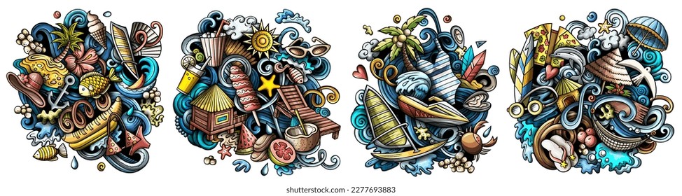 Diseño del doodle vectorial de la playa de verano. Coloridas composiciones detalladas con muchos objetos y símbolos de verano. Isolación en ilustraciones blancas