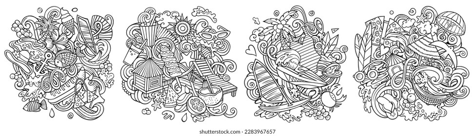 Summer beach cartoon vector doodle designs set. Sketchy detailed compositions with lot of summertime objects and symbols. Isolated on white illustrations