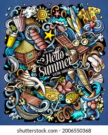 Summer beach cartoon vector doodles illustration. Summertime poster design. Season elements and objects background. Bright colors funny picture. All items are separated
