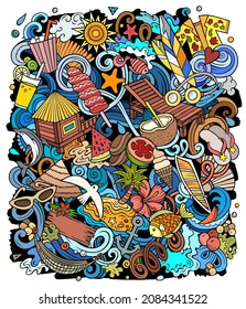 Dibujo de dibujos animados vectores de la playa de verano. Diseño de afiches en verano. Fondo de elementos y objetos de temporada. Colores brillantes, imagen graciosa. Todos los elementos están separados