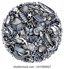 Sommerstrand Cartoon Vektorgrafik Doodles Illustration. Sommerzeit Poster Design. Saisonelemente und Objekthintergrund. Einfarbiges lustiges Bild. Alle Artikel sind getrennt