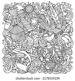 Summer beach cartoon vector doodles illustration. Summertime poster design. Season elements and objects background. Line art funny picture