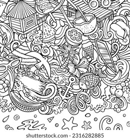 Summer beach cartoon vector doodles frame. Summertime border design. Season elements and objects background. Sketchy funny picture.