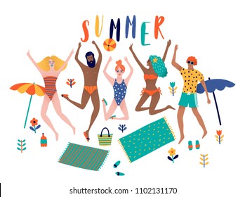 Summer Beach Cartoon Vektorgrafik mit springenden glücklichen jungen Leuten