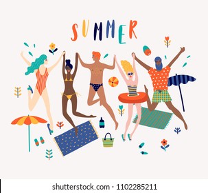 Summer Beach Cartoon Vektorillustration Illustration mit springenden glücklichen jungen Leuten