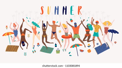 Summer beach cartoon vector illustration with jumping happy young people