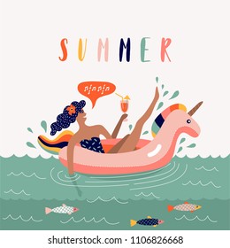 Summer beach cartoon vector illustration with young women on the float