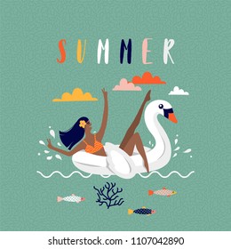Summer beach cartoon vector illustration with young women on the float