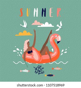 Summer beach cartoon vector illustration with young women on the float