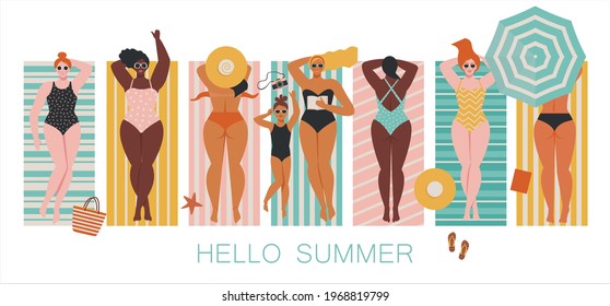 Summer beach cartoon vector illustration with sunbathing happy young women. Vector banner, poster design.