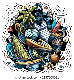 Summer Beach cartoon vector illustration. Colorful detailed composition with lot of summertime objects and symbols. All items are separate