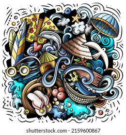 Summer Beach cartoon vector illustration. Colorful detailed composition with lot of summertime objects and symbols. All items are separate