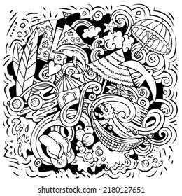 Summer Beach cartoon vector illustration. Sketchy detailed composition with lot of summertime objects and symbols