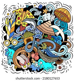 Summer Beach cartoon vector illustration. Colorful detailed composition with lot of summertime objects and symbols