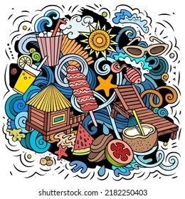 Summer Beach cartoon vector illustration. Colorful detailed composition with lot of summertime objects and symbols