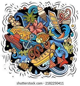Summer Beach cartoon vector illustration. Colorful detailed composition with lot of summertime objects and symbols