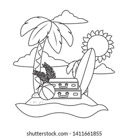 Summer and beach cartoons elements in black and white