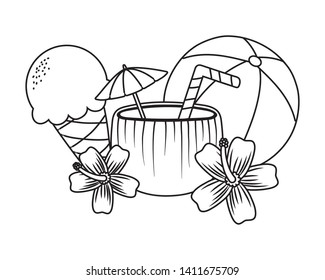 Summer and beach cartoons elements in black and white