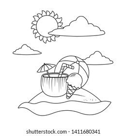 Summer and beach cartoons elements in black and white