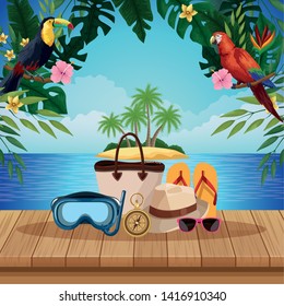 Summer and beach cartoons on wooden floor with leaves and flowers vector illustration graphic design