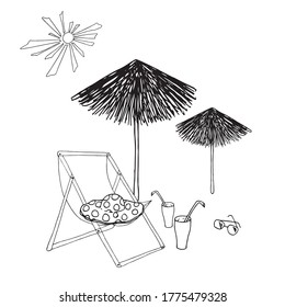 Summer beach. Beach chair hat umbrella sunglasses drink with straw sun hand drawn sketch art design stock vector illustration for coloring book, for web, for print object isolated