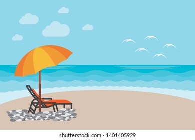 Summer Beach Chair illustration Background. Vector illustration of the day at the beach with sea waves, seaside view with copyspace. A Relux chair with umbrella at seaside - Vector 