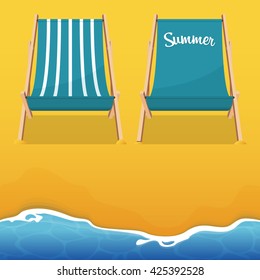 Summer beach chair on beach background. Wooden chair. Vector Illustration. 