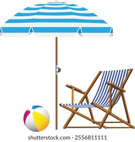 Summer beach chair and umbrella and ball vector