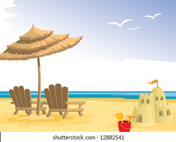 Summer beach, chairs, umbrella, sandcastle and toys.