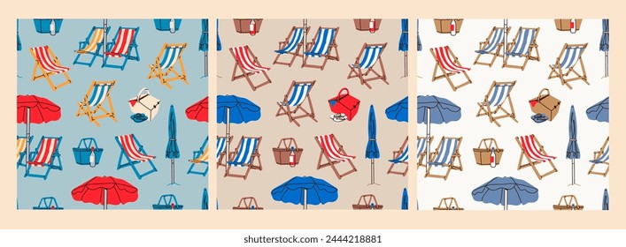 Summer Beach chairs, wooden deck chair, sun umbrella, picnic basket, sunbed. Hand drawn Vector illustration. Square seamless Patterns. Background, wallpaper. Vacation, relax, holiday concept