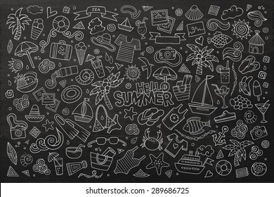 Summer beach chalkboard hand drawn vector symbols and objects